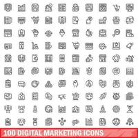 Conjunto de 100 ícones de marketing digital, estilo de estrutura de tópicos