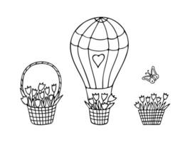 conjunto de ilustrações doodle de balão e cesta com tulipas isoladas no fundo branco. elemento de design para cartão, capa, pôster, adesivo. bom para livro de colorir para crianças. vetor
