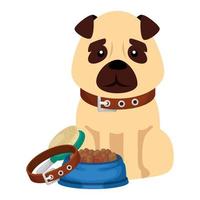 cachorro fofo com comida de prato e ícones vetor
