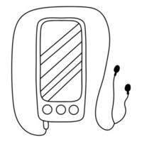 telefone inteligente com fones de ouvido em estilo doodle desenhado à mão. isolado no fundo branco. página para colorir. vetor