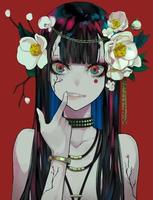 garota de anime demoníaca com uma coroa de flores na cabeça. ilustração na moda elegante. vetor