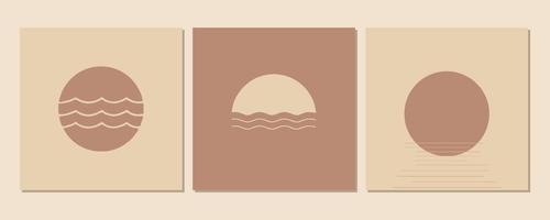 paisagens estéticas contemporâneas abstratas com nascer do sol, pôr do sol. tons de terra, cores pastel. decoração de parede boho. impressão de arte minimalista moderna de meados do século. vetor