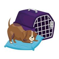 cachorro fofo em almofada e caixa de transporte vetor