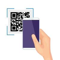 mão usando smartphone com código de digitalização qr vetor