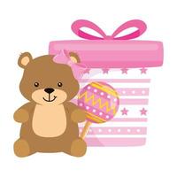 caixa de presente rosa com urso e chocalho vetor