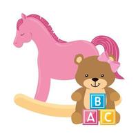 brinquedo de cavalo de madeira rosa com fêmea de urso e brinquedo cubos vetor