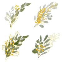 Conjunto de bouquet de folhas em aquarela com folhas douradas