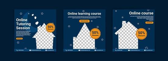 cursos e aulas online. modelos de postagem de mídia social para marketing e promoção digital. anúncios para webinars. continue estudando até em casa. vetor