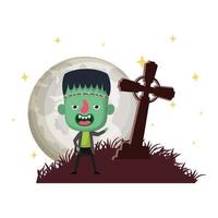 garotinho fofo com cena noturna de traje de Frankenstein no cemitério vetor