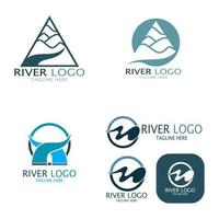 logotipos de rios, riachos, margens de rios e córregos, afluentes, margens de rios com uma combinação de montanhas e terras agrícolas com um conceito de design vetorial minimalista moderno e simples vetor