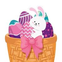 coelho e ovos fofos de páscoa decorados com cesta de vime vetor