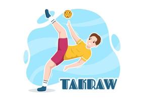 ilustração de sepak takraw com atleta jogando bola na quadra em desenho animado de competição de jogos esportivos planos desenhado à mão para o modelo de página de aterrissagem vetor