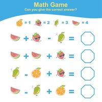 planilha matemática de contagem de frutas. planilha de matemática para pré-escola. planilha de matemática educacional para impressão. contar e escrever atividade de resposta para crianças. ilustração vetorial. vetor