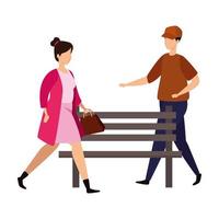 jovem casal com cadeira de madeira do parque vetor