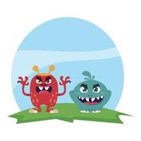 casal de monstros engraçados no campo personagens coloridos vetor