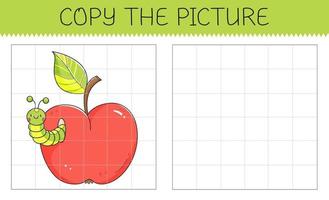 copiar a imagem é um jogo educativo para crianças com uma maçã e lagarta. maçã bonito dos desenhos animados com verme. ilustração vetorial. vetor