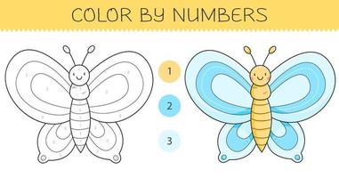 livro de colorir por números para crianças com uma borboleta. página para colorir com uma linda borboleta de desenho animado com um exemplo para colorir. versões monocromáticas e coloridas. ilustração vetorial. vetor