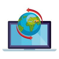 mundo planeta Terra com laptop e serviço de logística de van vetor