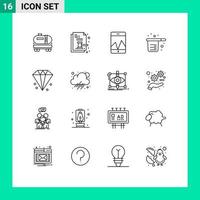 conjunto de esboço de interface móvel de 16 pictogramas de copos de negócios cozinha legal cozimento elementos de design de vetores editáveis