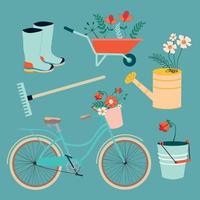 jardim com flores, plantas, bicicletas, carrinho de mão e ferramentas de jardim na primavera. ilustração vetorial. vetor