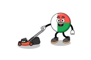 desenho animado de ilustração de bandeira de madagascar segurando o cortador de grama vetor