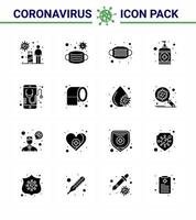 ícone de conscientização de coronavírus 16 ícone de ícones pretos de glifo sólido incluído segurança médica on-line cuidados de saúde coronavírus viral 2019nov elementos de design de vetor de doença
