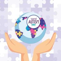 dia mundial do autismo e planeta mundial com as mãos vetor