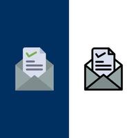 trabalho de e-mail carrapato bons ícones plano e conjunto de ícones cheios de linha vector fundo azul