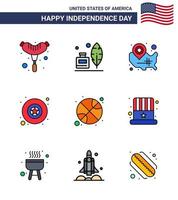 feliz dia da independência eua pacote de 9 linhas planas criativas cheias de estados de basquete esportivo distintivo de estrela editável dia dos eua elementos de design vetorial vetor