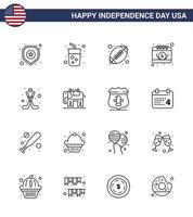 conjunto de linha do dia da independência dos eua de 16 pictogramas dos eua de data hokey day ball data americano editável dia dos eua vetor elementos de design
