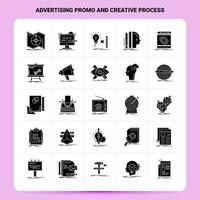 promoção de publicidade sólida 25 e conjunto de ícones de processo criativo design de estilo de glifo vetorial conjunto de ícones pretos web e design de ideias de negócios móveis ilustração em vetor