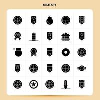 conjunto de ícones militares sólidos 25 design de estilo glifo vetorial conjunto de ícones pretos conjunto de ideias de negócios móveis e web design ilustração vetorial vetor