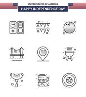 feliz dia da independência pacote de 9 linhas sinais e símbolos para sinal localização bandeira cidade americana editável dia eua vetor elementos de design