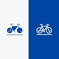 movimento de bicicleta caminhar linha esportiva e glifo ícone sólido bandeira azul vetor