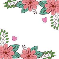 moldura de flores rosa com folhas e corações vetor