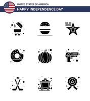 pacote de 9 sinais de glifos sólidos de celebração do dia da independência dos eua e símbolos de 4 de julho, como festival dos eua comida americana rodada de elementos de design vetoriais editáveis do dia dos eua vetor