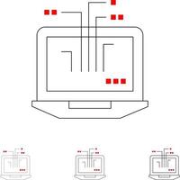 hardware de laptop de rede de computadores conjunto de ícones de linha preta fina e ousada vetor