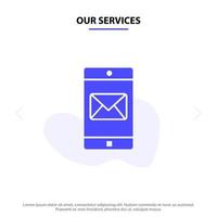 nosso aplicativo de serviços móvel aplicativo móvel correio ícone glifo sólido modelo de cartão da web vetor