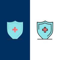 ícones de escudo de placa de sinal de hospital plano e conjunto de ícones cheios de linha vector fundo azul