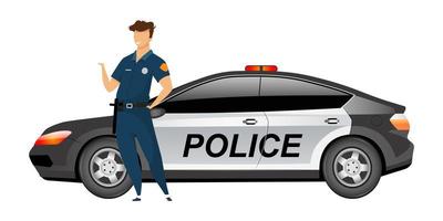 policial parado ao lado do carro patrulha cor lisa, vetor personagem sem rosto