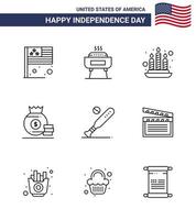 feliz dia da independência 4 de julho conjunto de pictograma americano de 9 linhas de bola de morcego vela bolsa americana editável dia dos eua vetor elementos de design