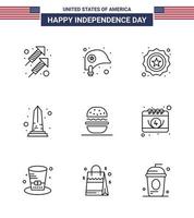 feliz dia da independência 4 de julho conjunto de pictograma americano de 9 linhas de hambúrguer eua americano vista marco editável dia eua vetor elementos de design