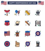 4 de julho eua feliz dia da independência ícone símbolos grupo de 16 linhas planas preenchidas modernas de escudo de segurança americano churrasco americano editável dia dos eua vetor elementos de design