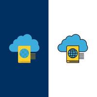 ícones de upload de pasta de leitura em nuvem plano e conjunto de ícones cheios de linha vector fundo azul