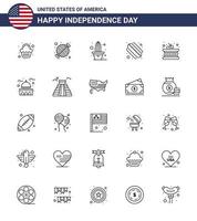 feliz dia da independência 4 de julho conjunto de 25 linhas pictograma americano de estados de instrumento pote de cachorro-quente editável dia dos eua vetor elementos de design