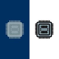 ícones de cpu de tecnologia de tecnologia de sistema plano e conjunto de ícones cheios de linha vector fundo azul