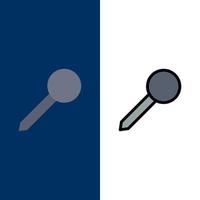 ícones de marca de marcador de pino de mapa plano e conjunto de ícones cheios de linha vector fundo azul