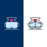 xícara café amor coração valentine ícones planos e cheios de linha conjunto de ícones vector fundo azul