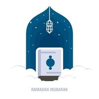ramadan kareem design islâmico lua crescente e silhueta de cúpula de mesquita com padrão árabe e caligrafia vetor