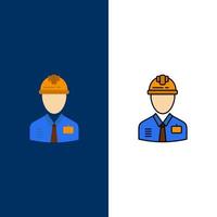 trabalhador indústria construção construtor mão de obra ícones planos e conjunto de ícones cheios de linha vector fundo azul